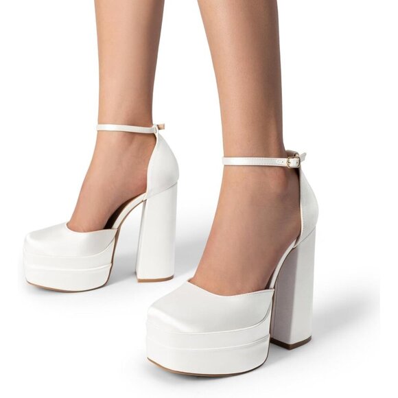 Dream Pairs Women White-satin Faux Leather Closed Toe Chunky High Heels Platform - Picture 6 of 7